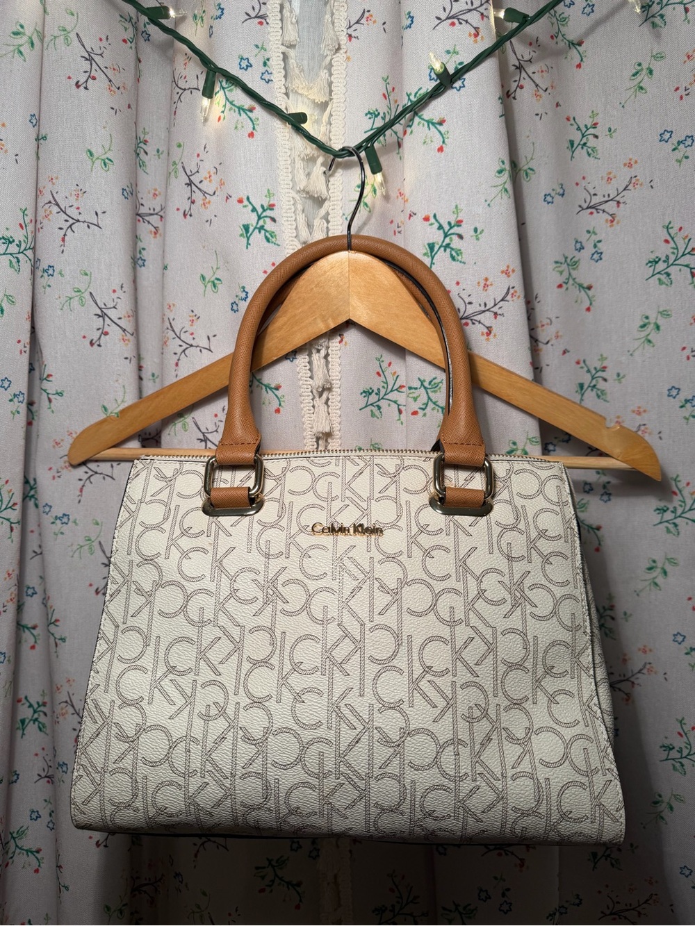 Calvin Klein Cream Logo Satchel with Tan Handles